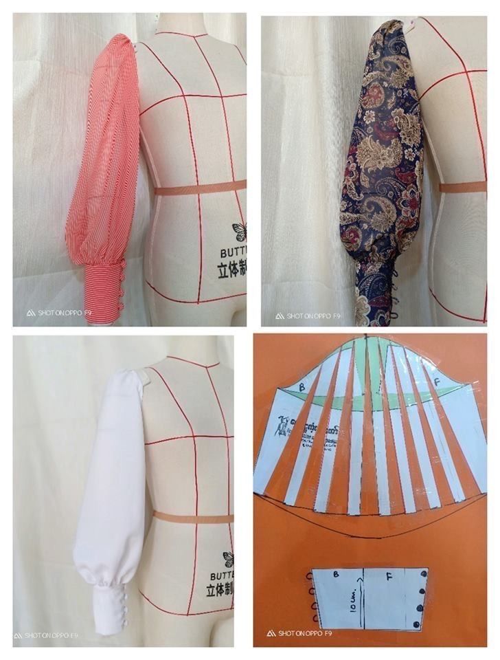 four different views of sewing mannequins and fabric