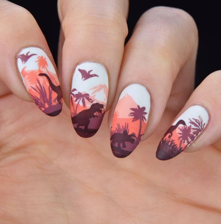 Zoo Nails Animals, Dinosaur Gel Nails, Jurassic Park Nails Designs, Simple June Nails, Jurrasic Park Nails, Dino Nail Designs, Dinosaur Nail Designs, National Park Nails, Outdoor Nail Designs