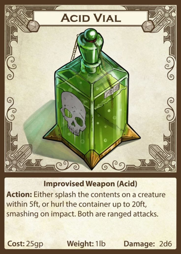 a card with an image of a bottle and a skull on the front, which reads acid vial