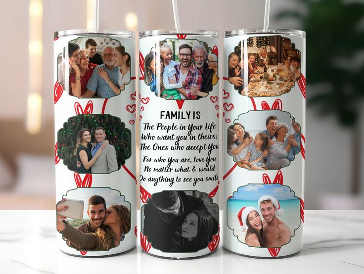 two personalized cans with pictures on them and the words family is written in red