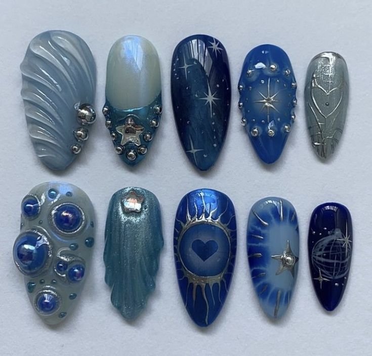 Pirate Inspired Nails, Dark Beach Nails, Virgo Inspired Nails, Water Nails Design, Pretty Gel Nails, Blue Nail, Nails Polish, Kawaii Nails, Press Ons