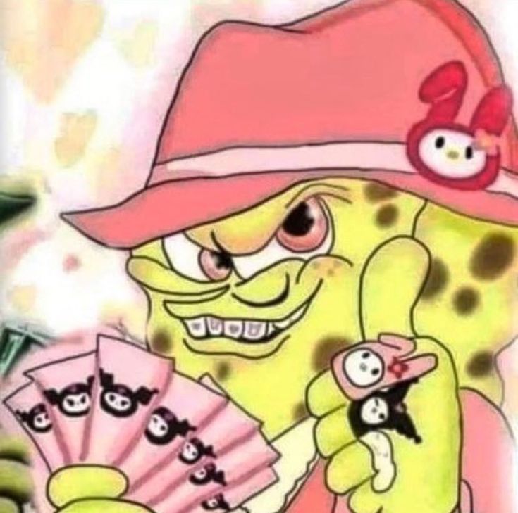 a cartoon character is holding some cards and wearing a pink hat with an animal on it