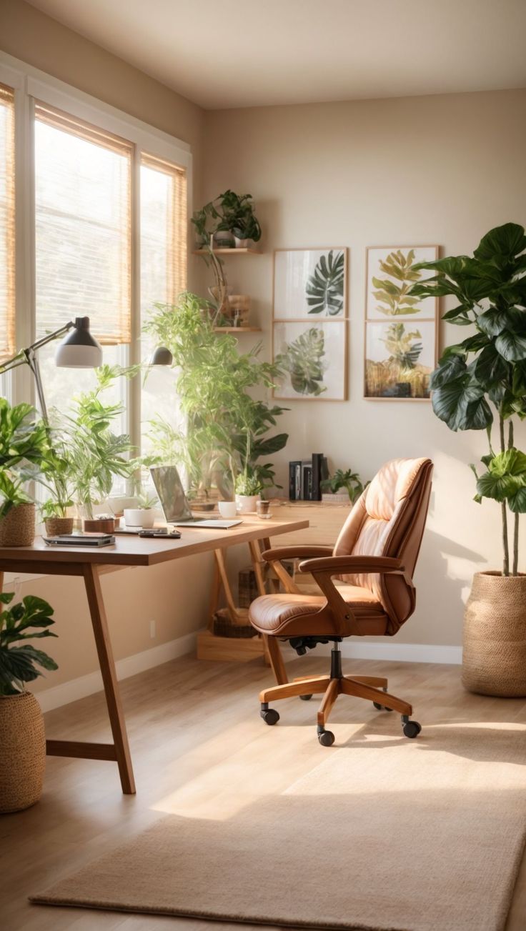 a chair and desk in a room with potted plants on the windowsills