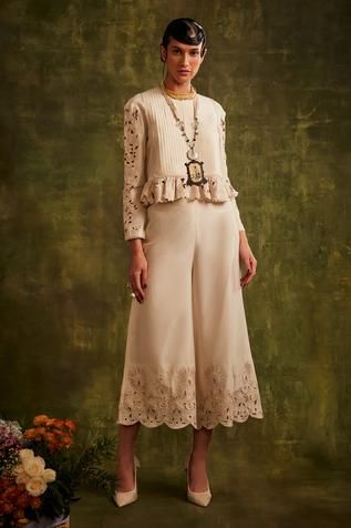 Shop for Chandrima White Chanderi Pleated Peplum Top for Women Online at Aza Fashions Nykaa Fashion, Cutwork Embroidery, Embroidered Neckline, Cut Work, Pop Up Shop, Floral Top, Festival Wear, Western Wear, Aza Fashion