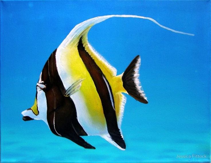 a painting of a yellow and black fish in the ocean with blue water behind it