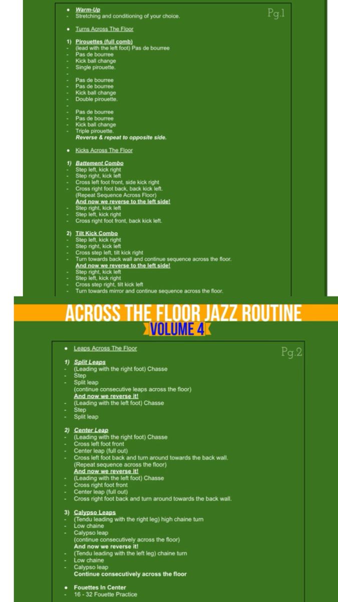 two green and yellow flyers with the words across the floor jazz routine, volume 4