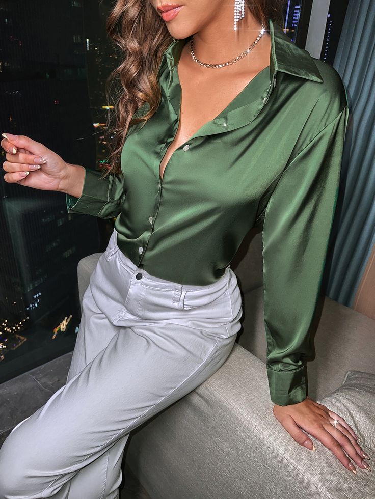 Army Green Elegant  Long Sleeve Satin Plain Shirt Embellished Non-Stretch Spring/Fall Women Tops, Blouses & Tee Satin Shirt Outfit, Satijnen Blouses, Satin Blouse Outfit, Satin Clothes, Satin Shirts, Satin Button Up, Satin Bluse, Elisabeth Ii, Business Formal Dress