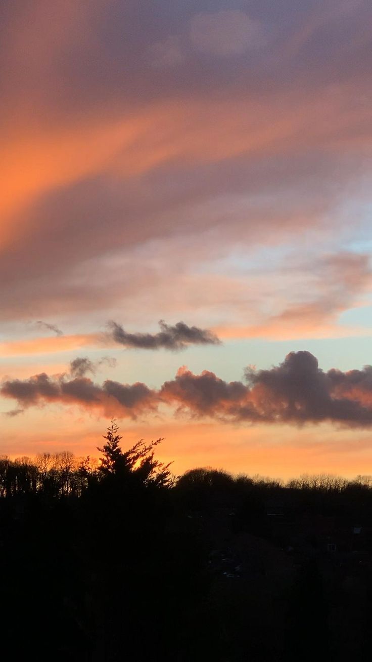 the sky is pink and orange as the sun sets in the distance with trees silhouetted against it