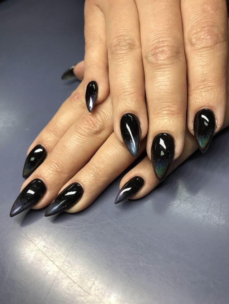 Black Opalescent Nails, Dark Angel Nail Ideas, Gothic Cat Eye Nails, Grey Holographic Nails, Black Iridescent Nails, Black Cateye Nails, Black Holographic Nails, Black Cat Eye Nails Design, Black Chrome Nail