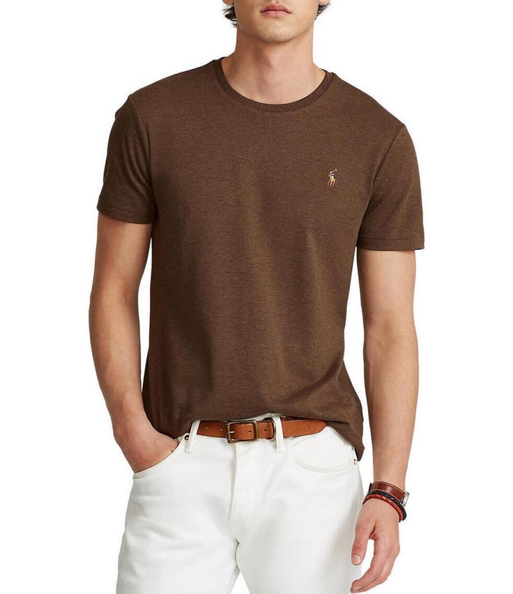 From Polo Ralph Lauren&#x2C; this tee features:crew necklineshort sleevesmulticolored signature embroidered pony at the left chestcottonmachine washImported. Classic Brown Short Sleeve Top, Classic Brown T-shirt For Summer, Ralph Lauren Crewneck, Dillard's, Polo Ralph Lauren Mens, Cotton Shorts, Polo Ralph, Short Sleeve Tee, Latest Trends