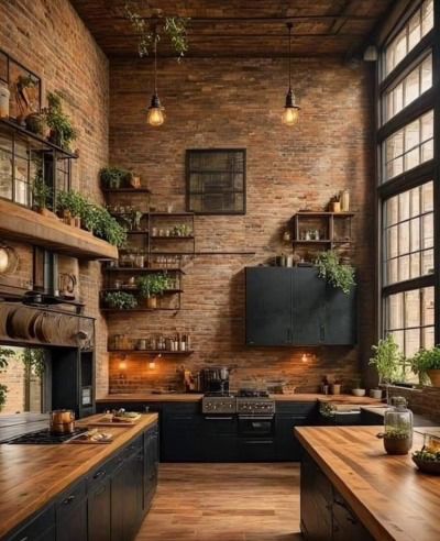 an industrial style kitchen with brick walls and wooden counters, potted plants on the shelves