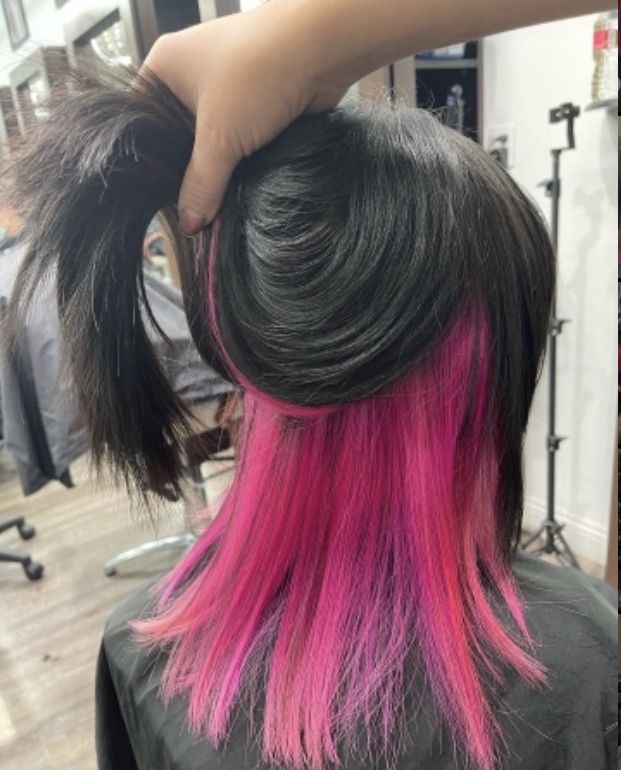 Bottom Half Dyed Hair Pink, Pink Peak A Boo Black Hair, Pink Peakaboo Dye, Black Hair With Hot Pink Underneath, Pink Under Black Hair, Black Hair With Pink Peekaboos, Peek A Boo Hair Dye, Picaboo Hair Color, Half Pink Hair Underneath