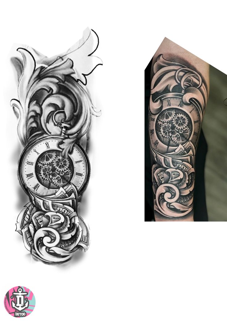 two different tattoos on one arm and another with an image of a clock in the middle