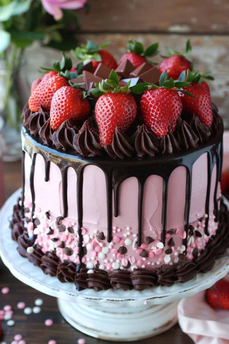 a chocolate cake with strawberries on top