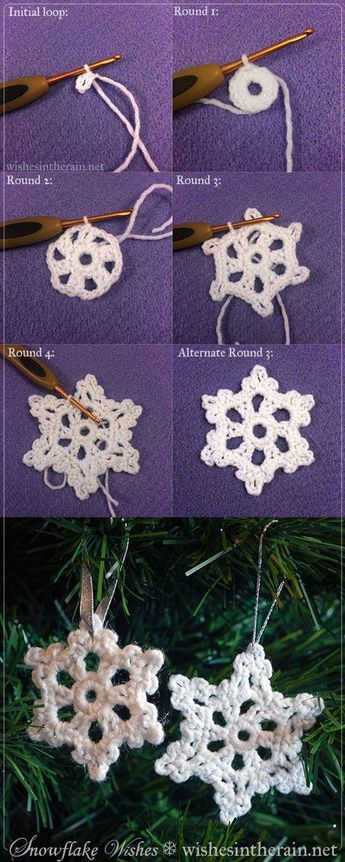 crocheted snowflakes are shown in four different patterns