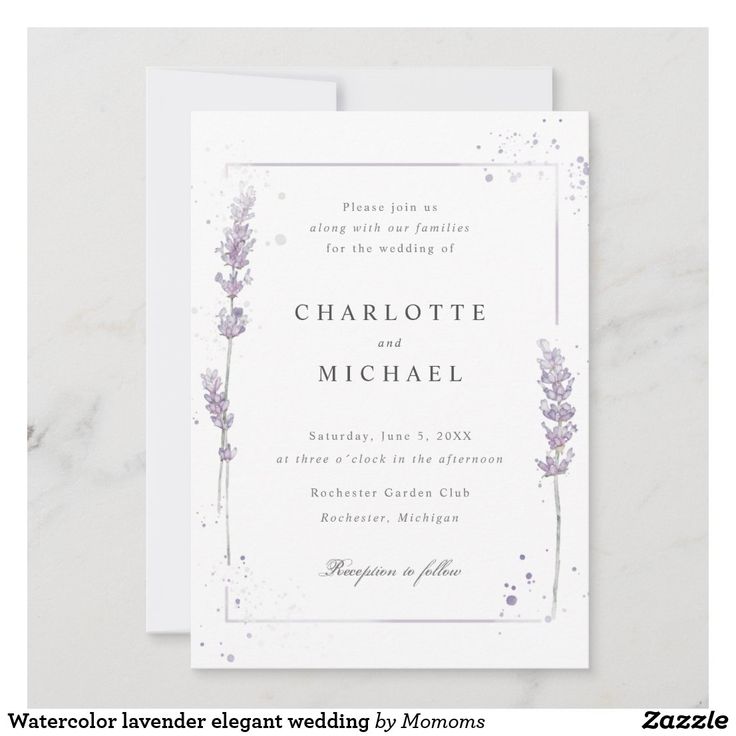 a wedding card with lavender flowers on it