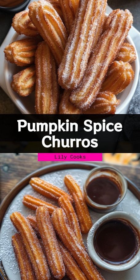 pumpkin spice churros on a white plate with dipping sauce in the middle and an image of cinnamon sugar churros