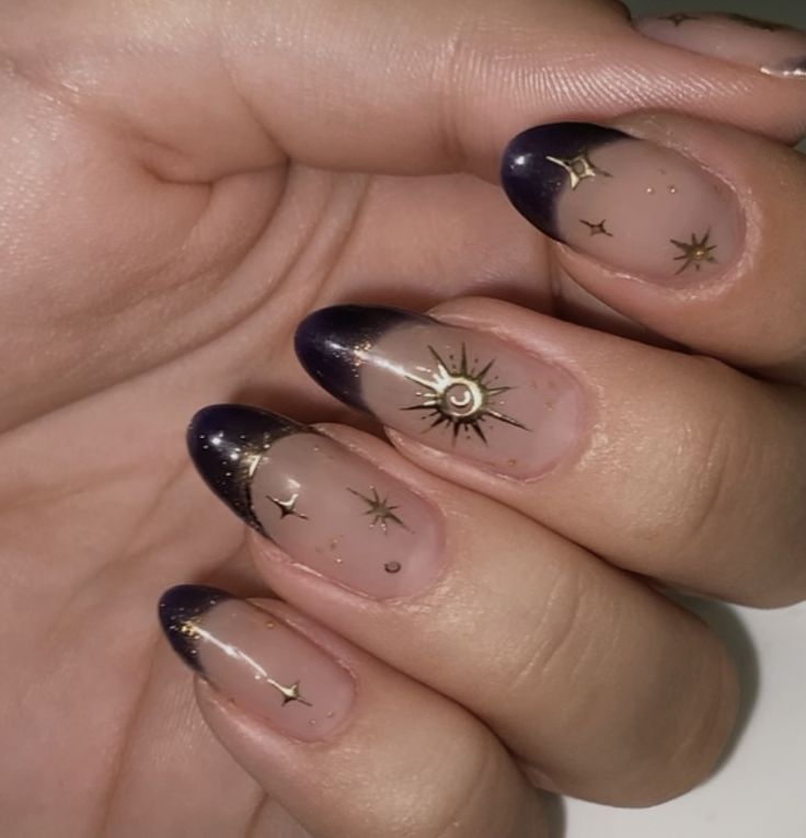 @sieurie ig Boygenius Inspired Nails, Nail Inspo Witchy, Moon Nails Almond, Zodiac Nails Designs Taurus, Dark Blue Celestial Nails, Sun And Star Nails, Summer Nail Inspo Dip, Red Celestial Nails, Whimsical Nail Designs