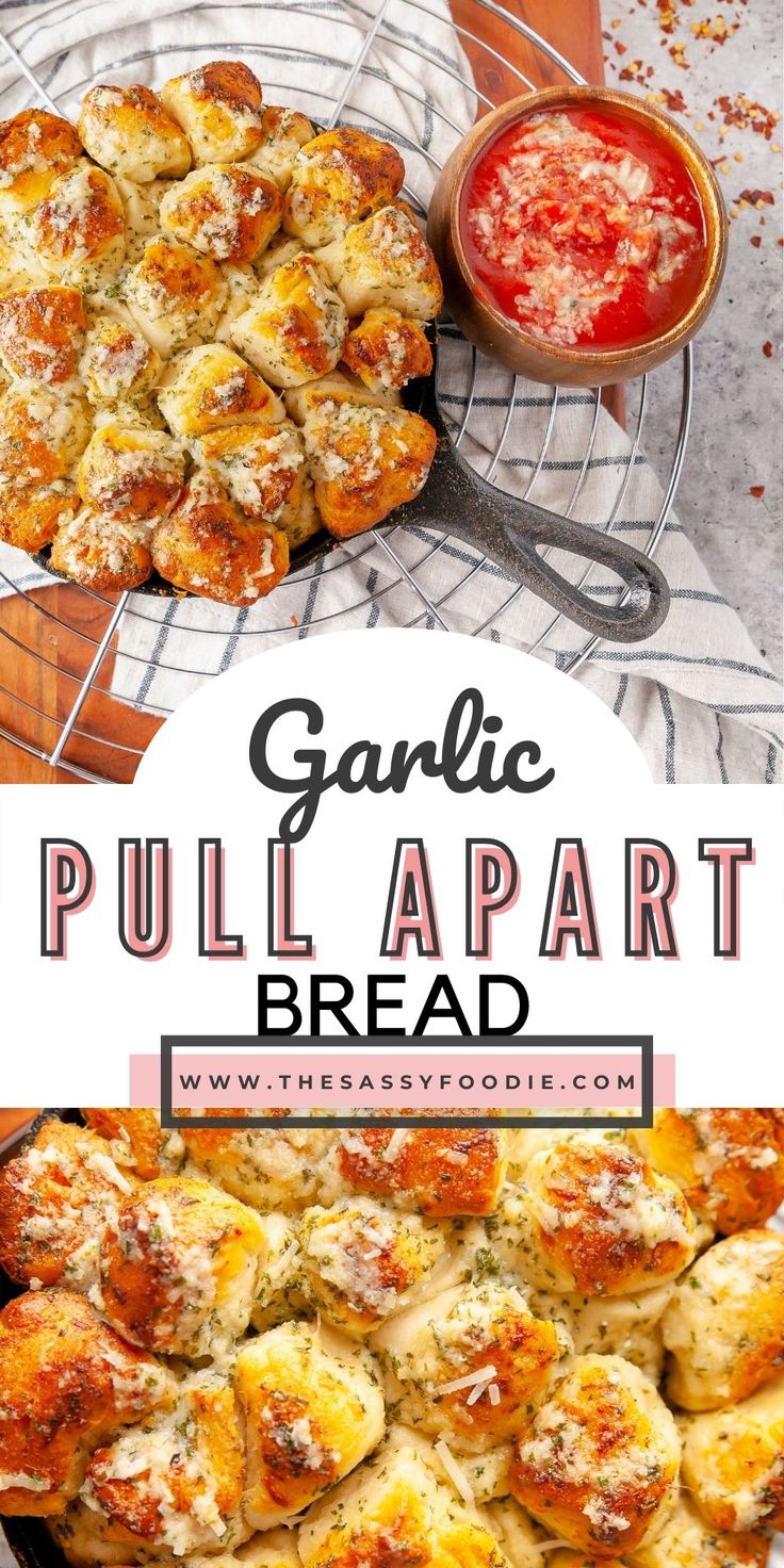 garlic pull apart bread on a wire rack with tomato sauce in the background and text overlay