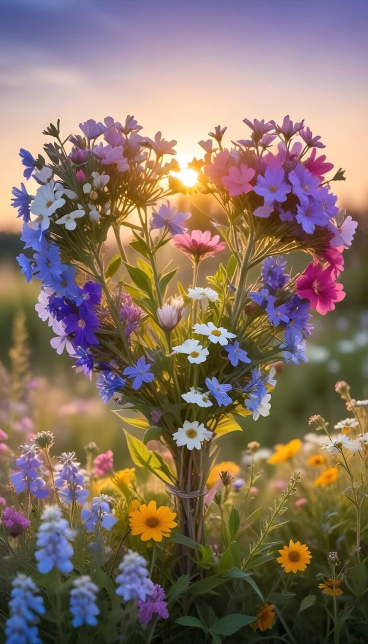 the sun is setting over a field full of wildflowers