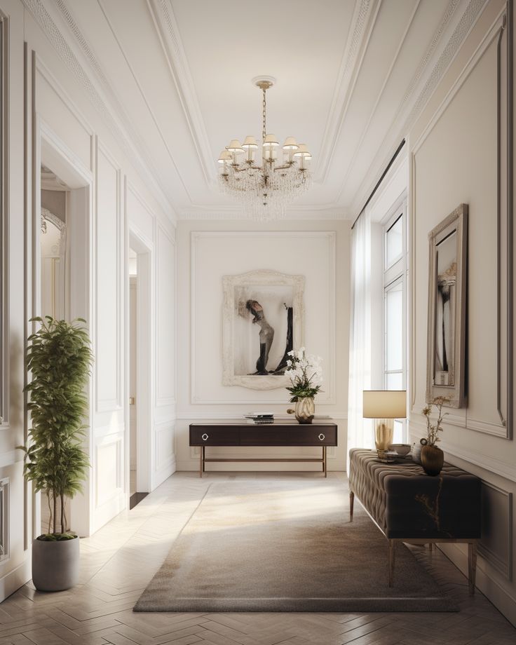 an elegant living room with white walls and wood flooring