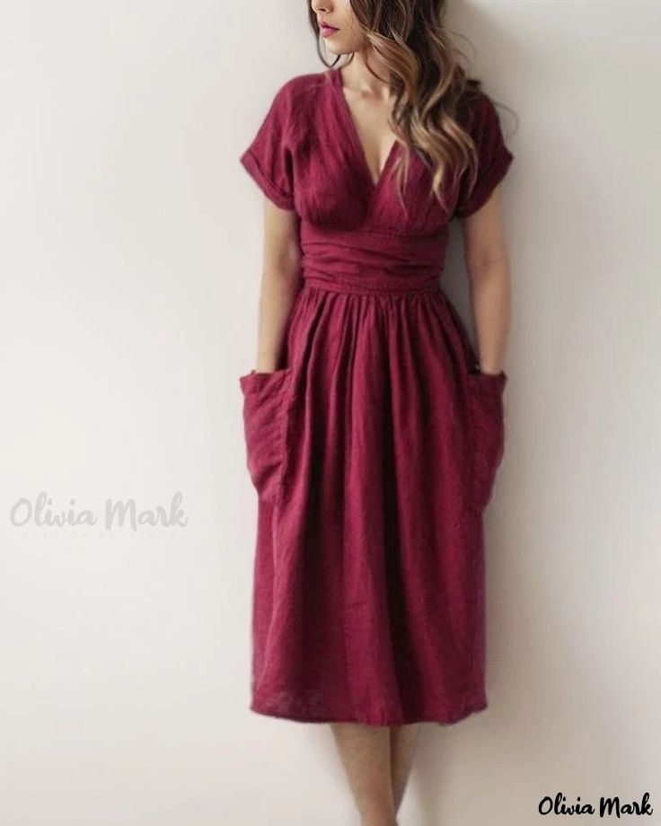 OliviaMark - Robe chic à manches courtes et col en V avec poche en mélange de coton et de lin de première qualité Shirt Dress Summer, Cotton Linen Dresses, Wrap Midi Dress, Solid Color Dress, Vestido Casual, Kimono Dress, Aaliyah, Look Casual, Womens Midi Dresses