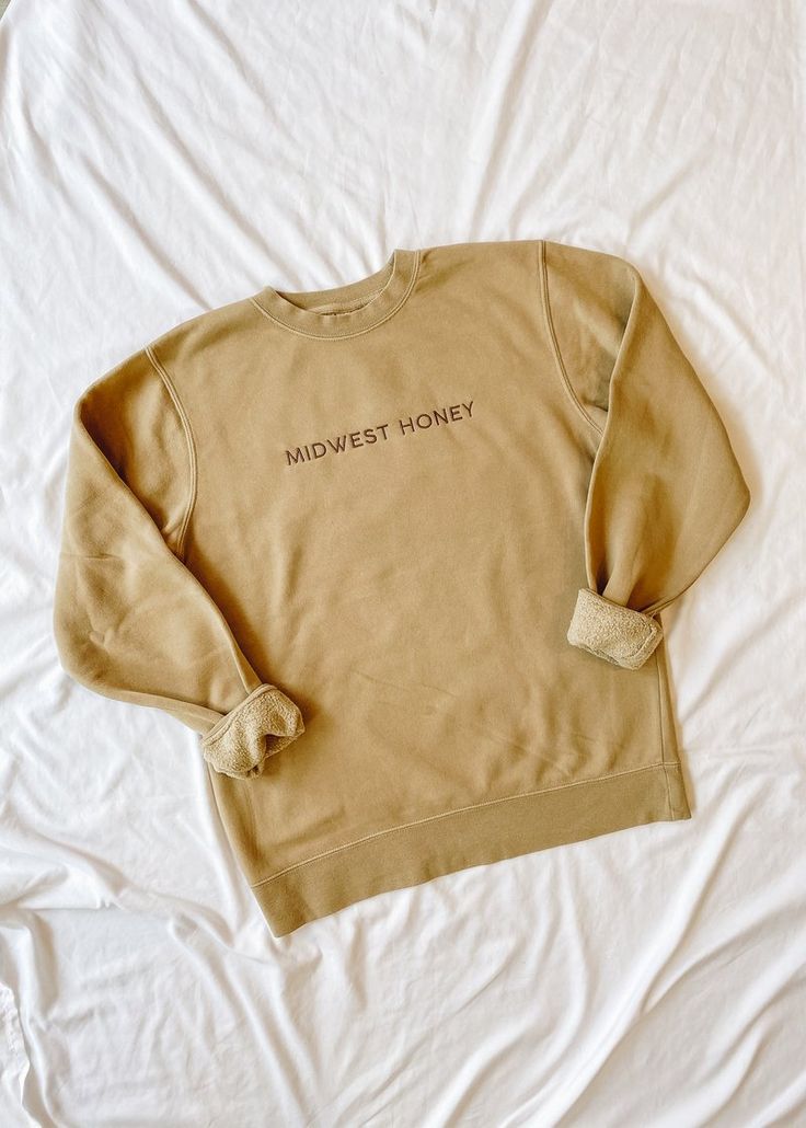 Midwest Honey Sweatshirt – Alice & Wonder Soft-washed Cotton Sweats For Fall, Casual Organic Cotton Sweatshirt With Letter Print, Relaxed Fit Cotton Sweatshirt With Embroidered Text, Cotton Sweatshirt With Embroidered Text, Relaxed Fit, Everyday Fall Sweats In Organic Cotton, Organic Cotton Sweats For Everyday Fall Wear, Everyday Organic Cotton Sweats For Fall, Casual Organic Cotton Soft-washed Sweatshirt, Fall Crew Neck Soft-washed Sweats