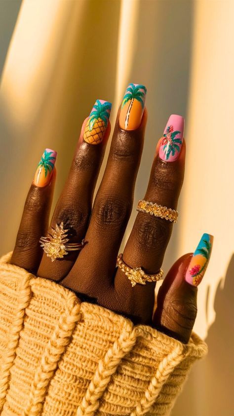 Nails For Jamaica Vacation, Pineapple Nail Design, Pineapple Nail Art, Tropical Nail Designs, Pineapple Nails, Palm Tree Nails, Sunset Nails, Themed Nails, Tropical Nails