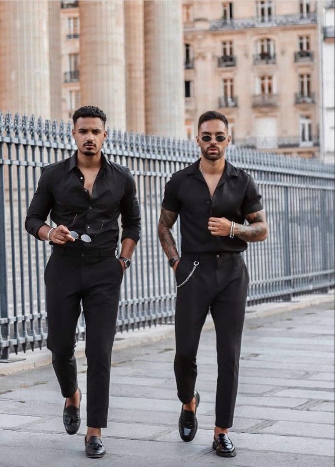 Male Vegas Outfit, Men Black Party Outfit, Gq Suits Men, Black Man Wedding Guest Attire, Vegas Outfit Men Night, All Black Dress Outfit Men, All Black Wedding Guest Outfit Men, All Black Formal Outfit Men, All Black Party Outfit Men