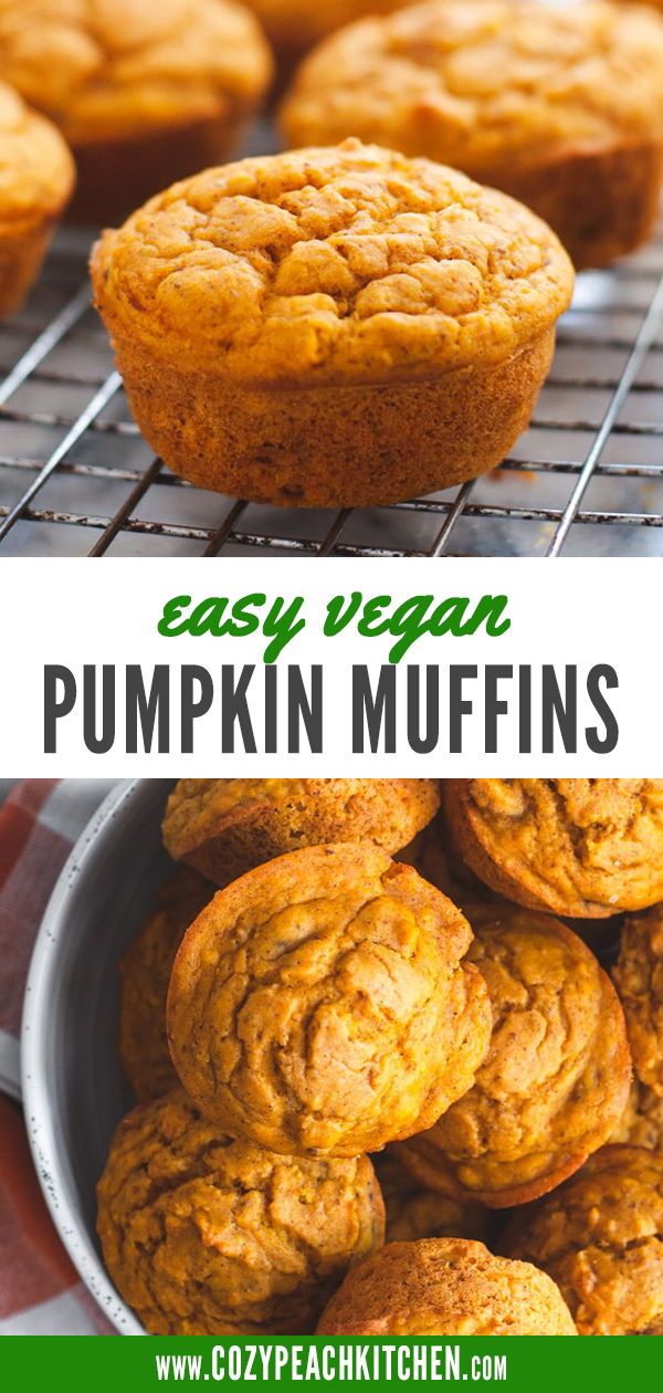 easy vegan pumpkin muffins in a bowl on a cooling rack with text overlay