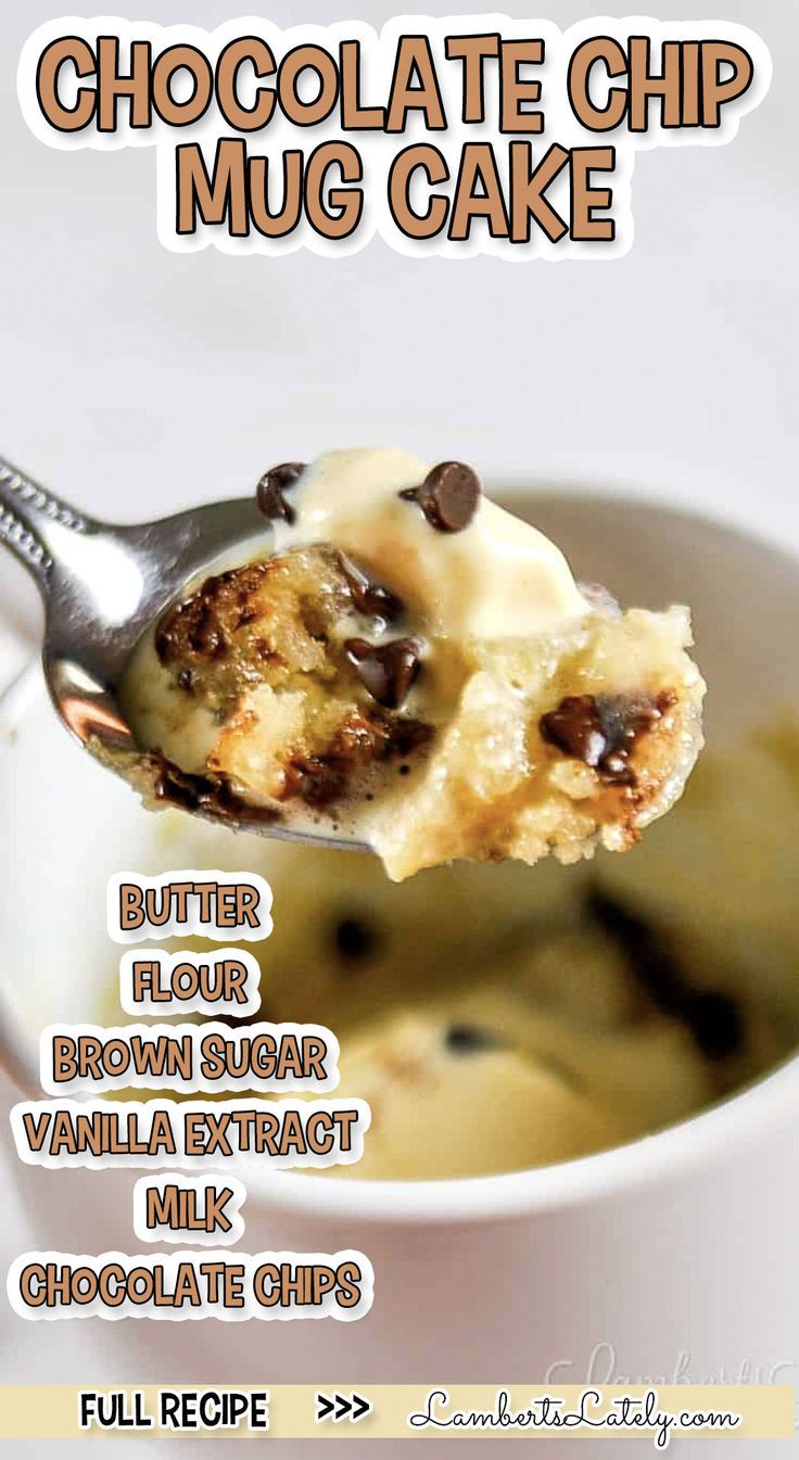 chocolate chip mug cake, with ingredient list. Mug Cookie Microwave No Egg, Chocolate Chip Cookie Mug Cake, Cookie Mug Cake, Chocolate Chip Mug Cookie, Cookie Mug, Quick And Easy Sweet Treats, Instant Pot Freezer Meals, Chocolate Chip Mug Cake, Mom Breakfast