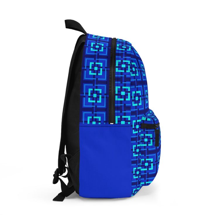 a blue backpack with an abstract pattern on it