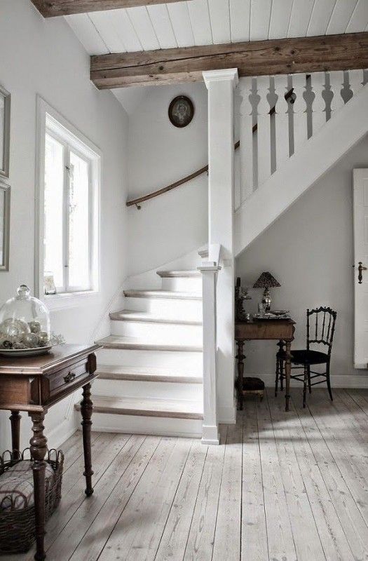 an image of a white staircase with glasses on the floor and in front of it