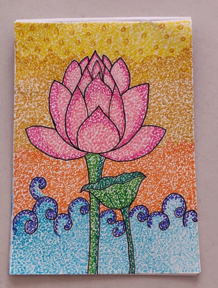 a drawing of a pink flower in the water