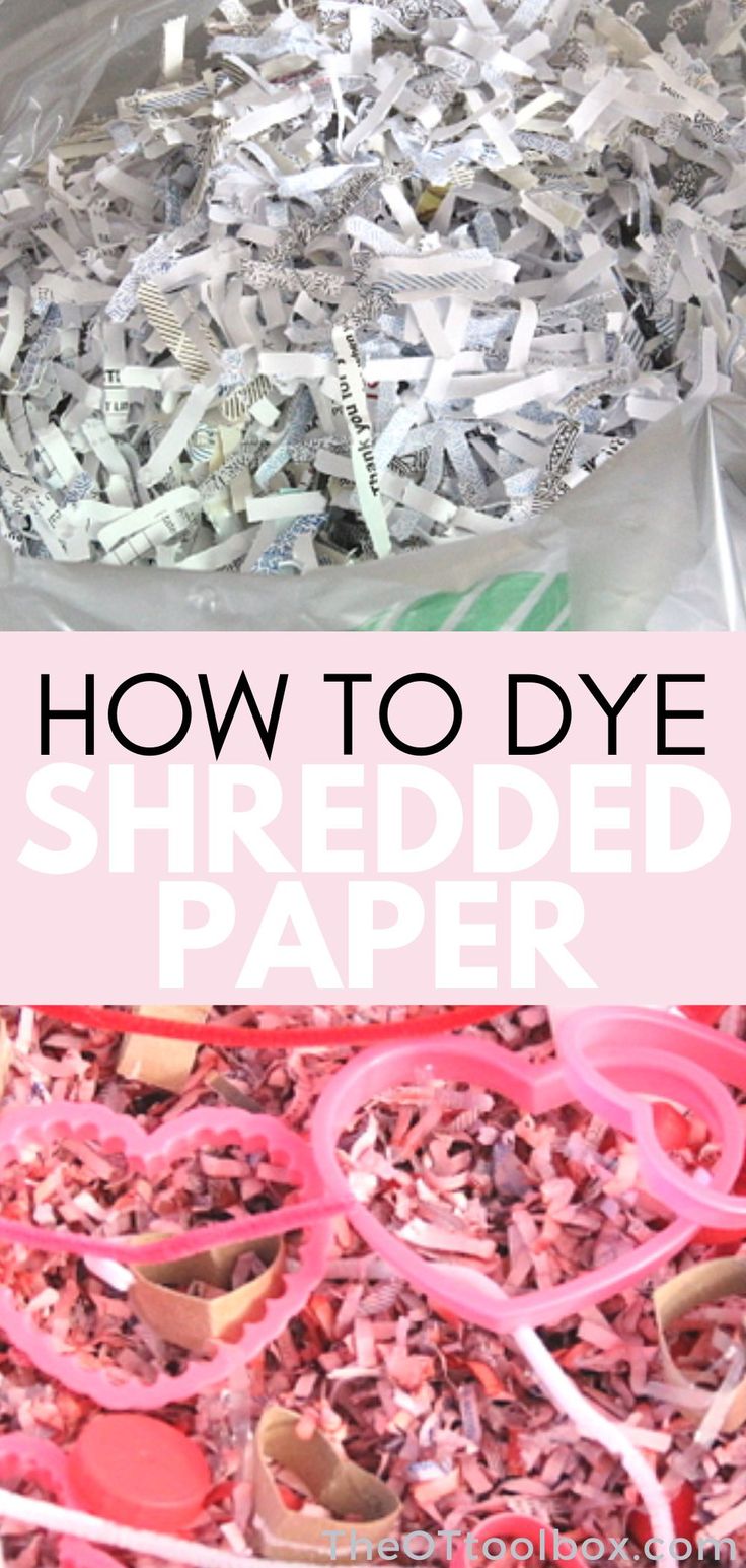 shredded paper and scissors in a bag with the words how to dye shredded paper