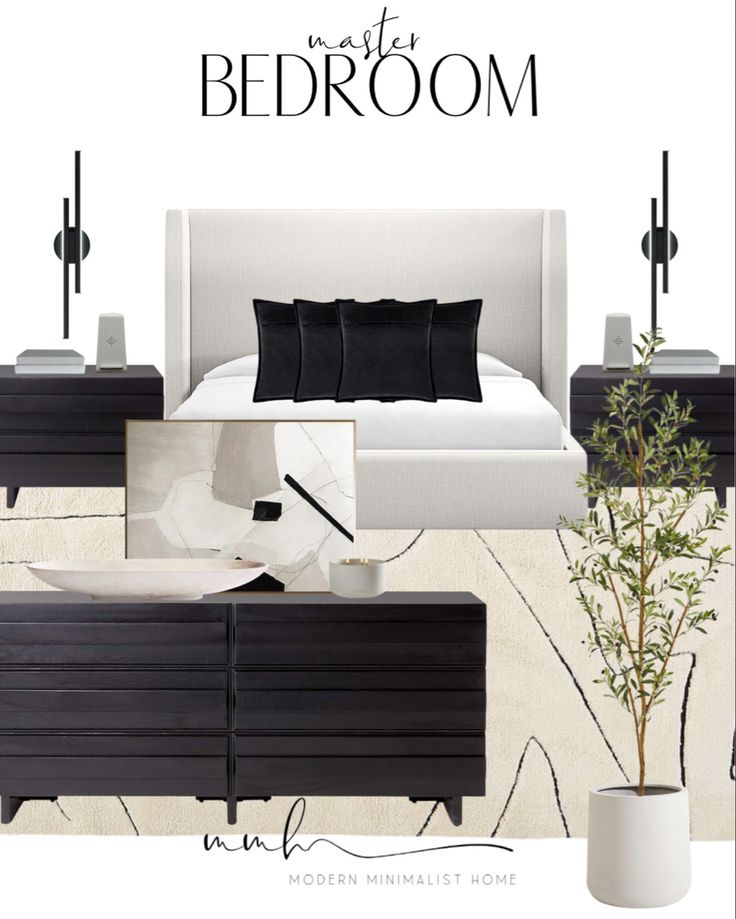 a bedroom with black and white furniture and accessories in it's interior design board