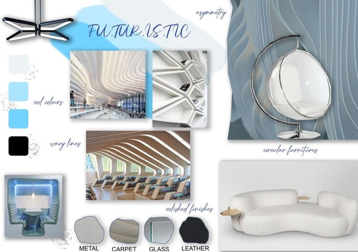 a collage of furniture and decor items in shades of blue, grey, white