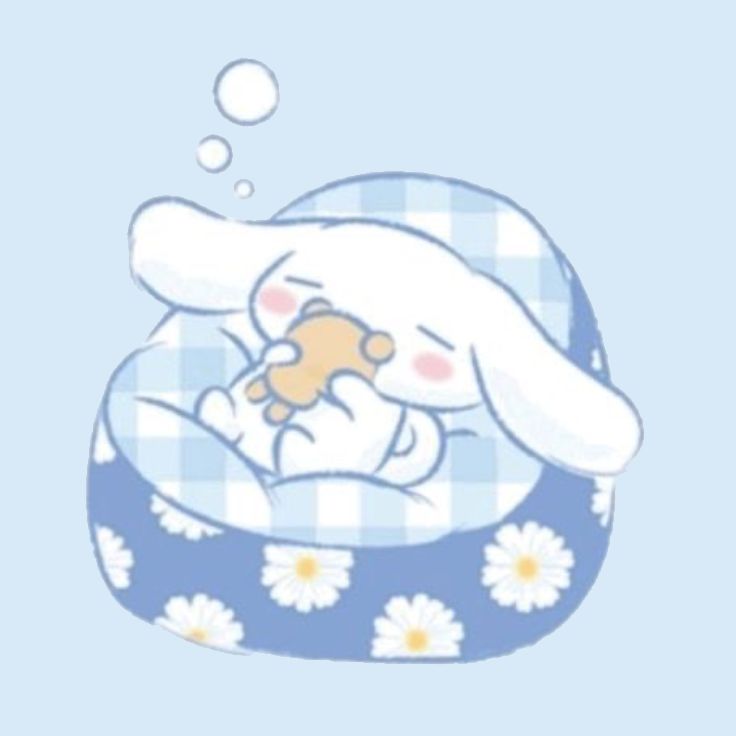 a cartoon bunny is sleeping in a blue blanket with daisies on the bottom and bubbles coming out of its mouth