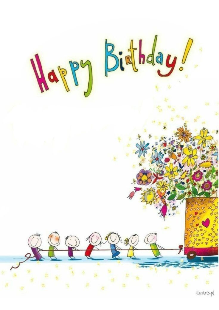 a happy birthday card with flowers in a vase and five people on the bottom line