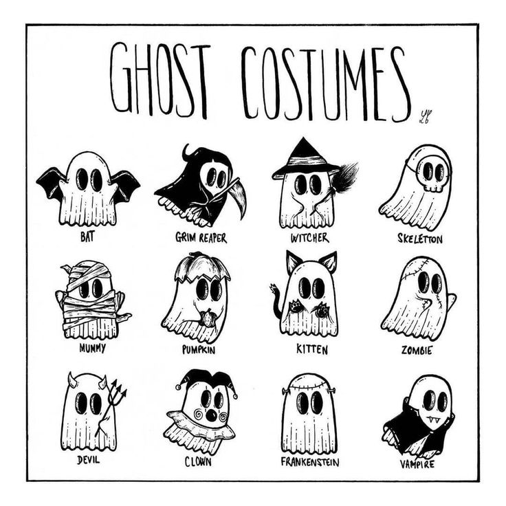 the ghost costumes for halloween are drawn in black and white