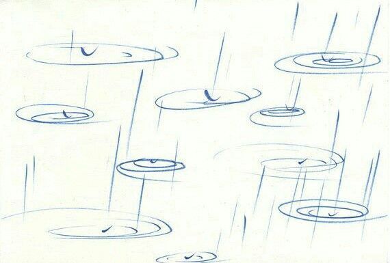 a drawing of rain drops falling down from the ceiling and onto the ground, with lines drawn above them