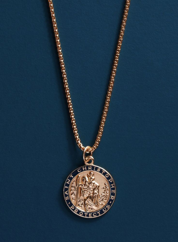 "Men's Necklace Gold Saint Christopher Round Medal - 14k Gold Filled chain with Vermeil Gold Dark Navy enamel pendant / Christmas Gifts for him The name \"Christopher\" means Christ-bearer, and alludes to the legend of the man carrying the Christ Child across the river. St. Christopher is the patron saint of travelers and of children. Chain: Round Box 1.8 mm Clasp: 14k gold filled lobster clasp Chain: 14k gold filled Pendant: Vermeil Gold with Dark Navy Blue enamel Pendant: 20 mm diameter Length Men's Necklace Gold, Gold Necklace For Men, St Christopher Necklace, Stainless Bracelet, Mens Gold Jewelry, St Christopher, Saint Christopher, Round Box, Crafts Jewelry