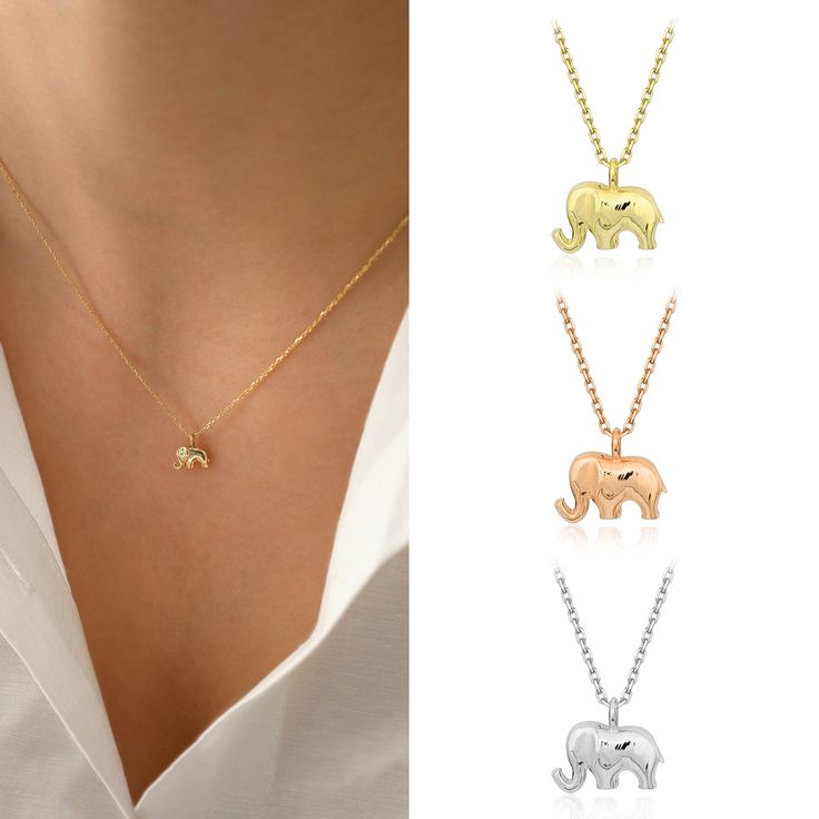 "Introducing the 14k Gold Elephant Necklace, a beautiful and timeless piece of jewelry that showcases the grace and strength of one of nature's most magnificent creatures. Made of high-quality 14k gold, this necklace is both durable and stylish, making it a perfect addition to any jewelry collection. The intricate design features a detailed elephant pendant that is sure to catch the eye and spark conversations. The elephant is a symbol of good luck, strength, and wisdom, making this necklace not Minimalist Clavicle Chain Necklace For Birthday, Minimalist Pendant Jewelry For Birthday, Minimalist Pendant Charm Necklace For Birthday, Minimalist Clavicle Chain Jewelry For Birthday Gift, Minimalist Clavicle Chain Jewelry As Birthday Gift, Minimalist Birthday Charm Necklace Pendant, Minimalist Nickel-free Jewelry For Birthday Gift, Elephant Necklace Gold, Jewelry Layering Necklace