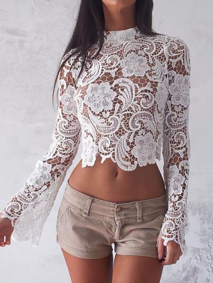 71a58e8cb75904f24cde464161c3e766desc52800970ri Top In Pizzo, Lace Turtleneck, Floral Shirt Women, White Lace Crop Top, Lace Blouse Long Sleeve, Short Blouses, White Lace Blouse, White Lace Top, Handkerchief Hem