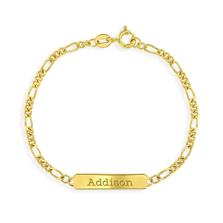 Delight your favorite little loved one with this precious ID bracelet. Crafted in yellow gold flashed 925 sterling silver, this charming design features a rectangle-shaped engravable ID tag centered on a Figaro chain. Polished to a bright shine, this 5.5-inch bracelet secures with a spring-ring clasp. Order a traditional ID bracelet today and we'll neatly package it into its own lovely gift box! Boys Bracelet, Teen Ring, Teen Necklaces, Teen Earrings, Boys Bracelets, Teen Jewelry, Baby Earrings, Kids Rings, Kids Bracelets