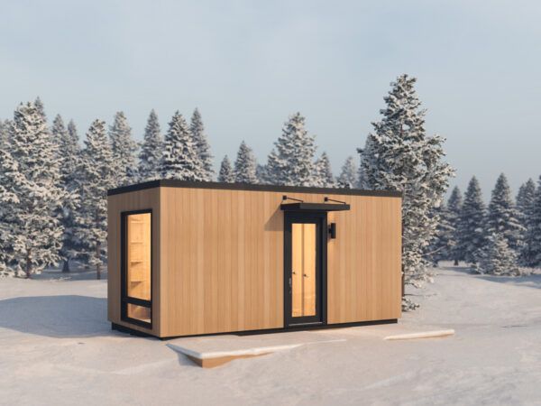 a small wooden building in the middle of a snowy field with trees behind it and snow on the ground