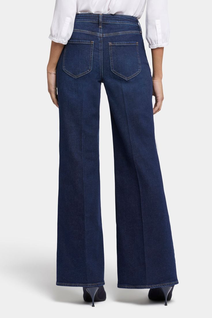 Mia Palazzo Jeans With High Rise - Northbridge Blue | NYDJ Palazzo Jeans, High Waist Flare Jeans, Flare Jeans Style, Jean Pockets, Cross Design, Designer Jeans, Petite Outfits, Earth Friendly, Flared Jeans