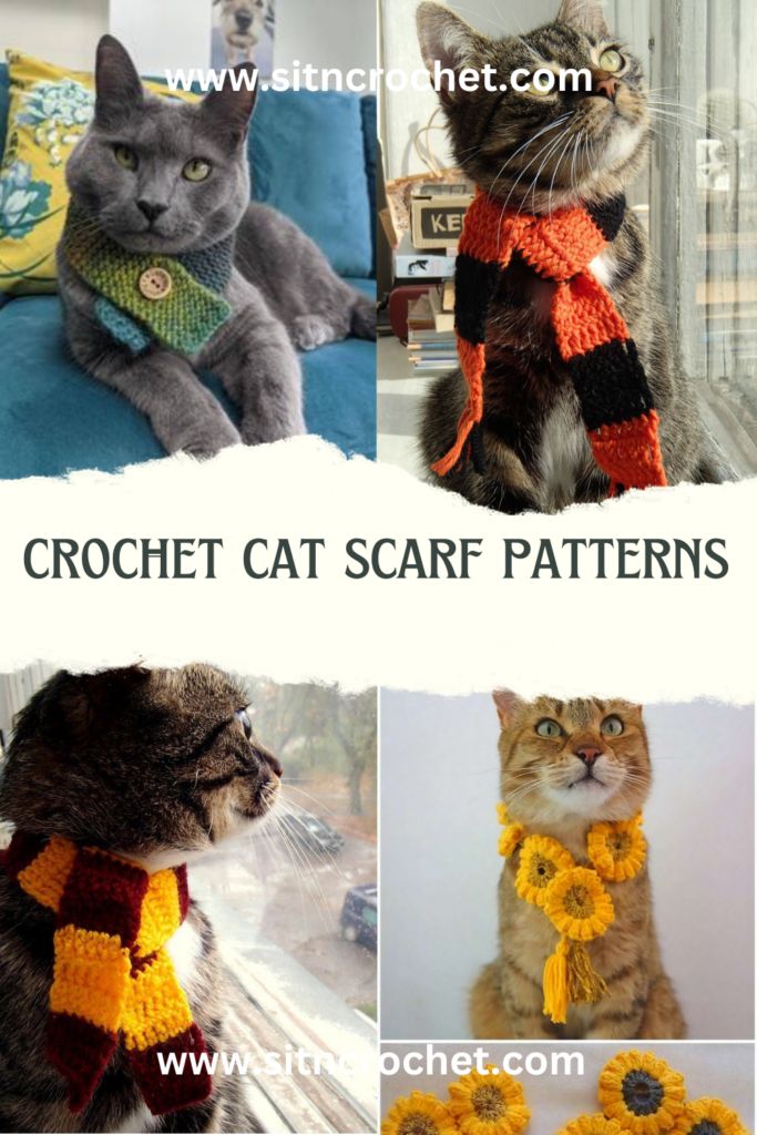 crochet cat scarf patterns for cats and kittens with pictures of them wearing scarves