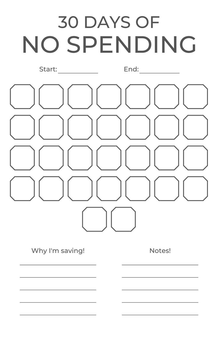 the 30 days of no spending worksheet is shown in this printable version