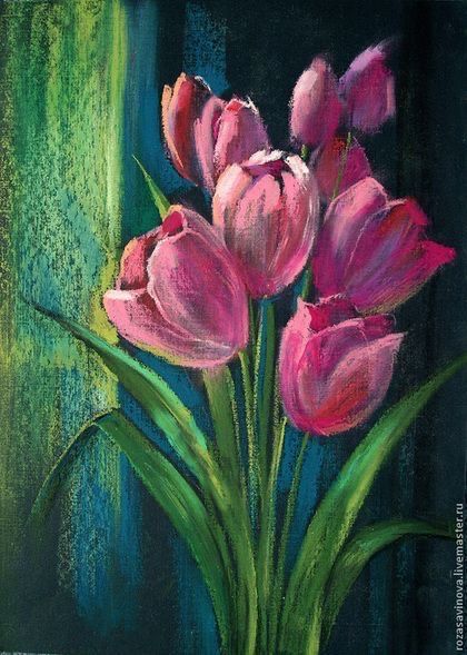 a painting of pink tulips in a vase on a green and blue background